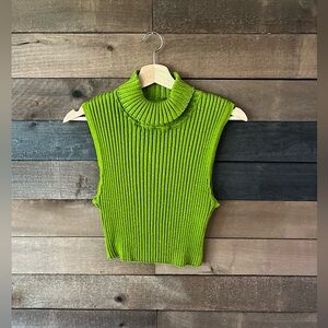 Vintage Green Metallic Ribbed Mock Neck Sleeveless Top XL